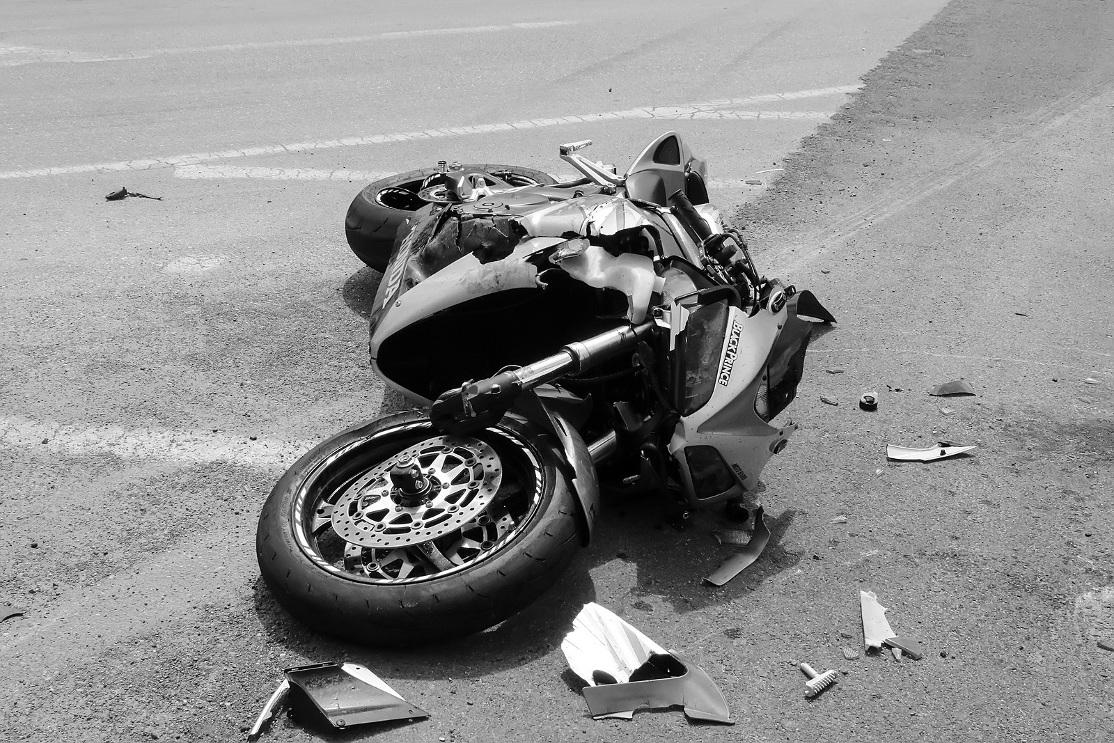 Argolida Greece - May 15 2016: traffic accident between a car and a motorcycle large displacement on country roads